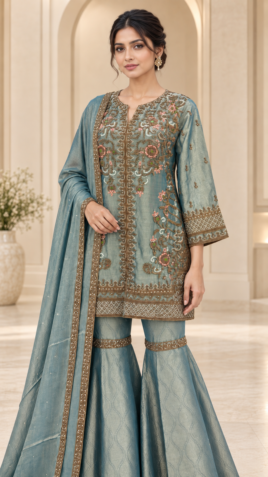 Steel-blue Indo western Gharara