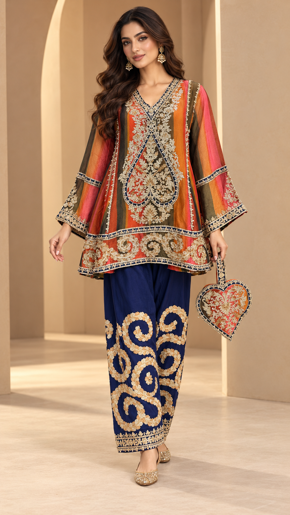 Rust Orange and Navy Blue Indo western