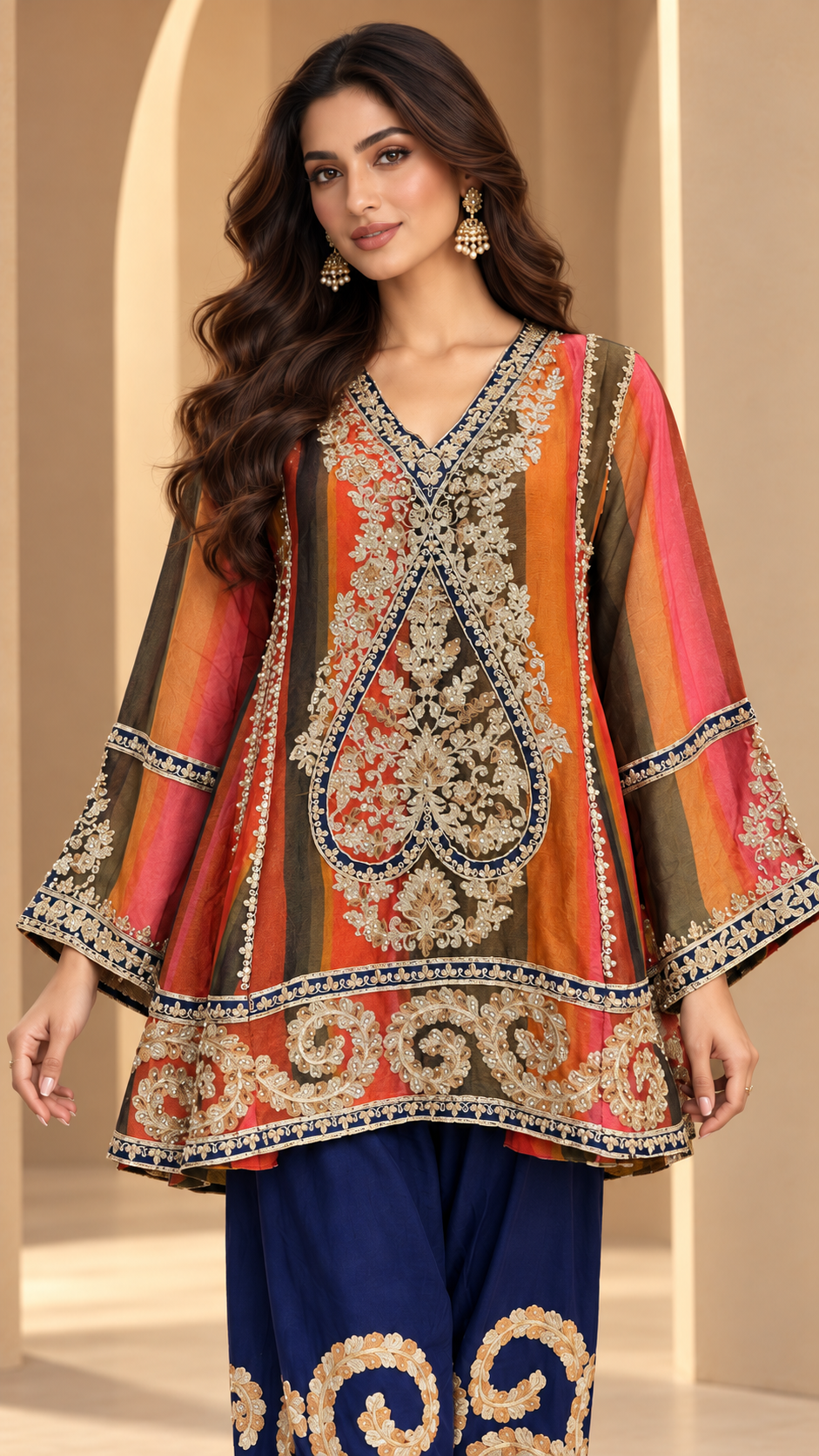 Rust Orange and Navy Blue Indo western