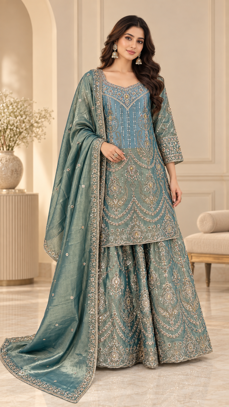 Dusty Teal Blue Straight Shirt Sharara