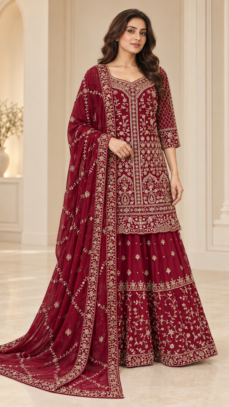 Elegant Maroon Farshi Sharara