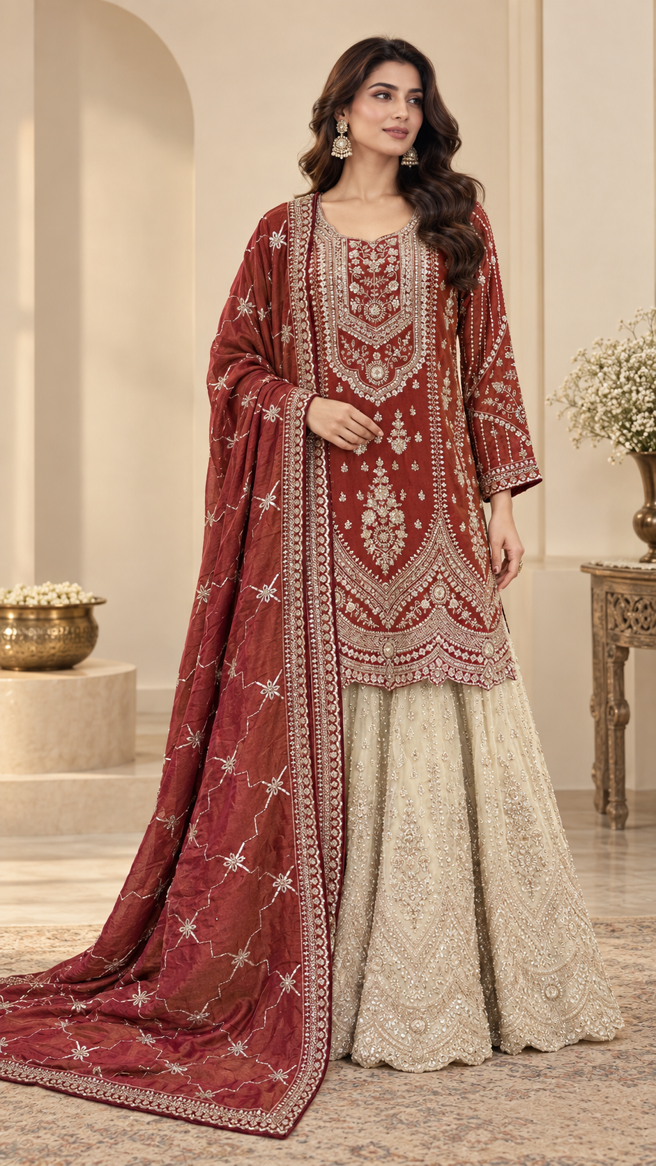 Rust-Maroon Straight Shirt Sharara