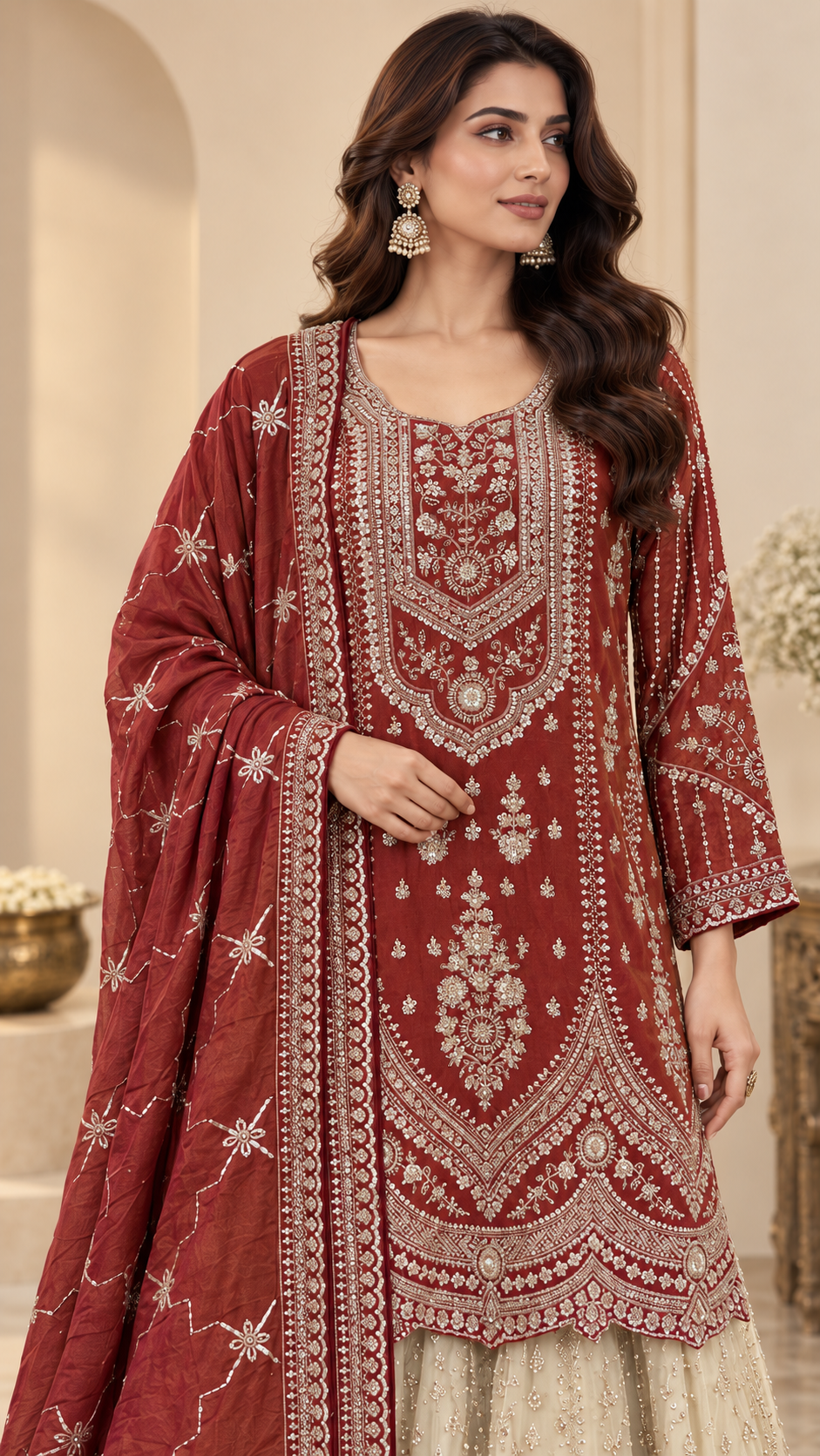 Rust-Maroon Straight Shirt Sharara
