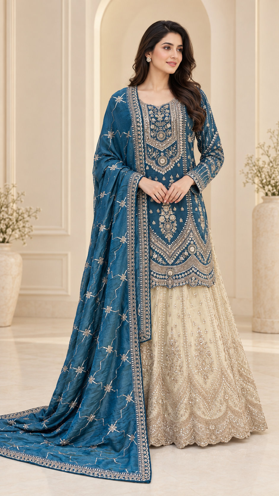Teal and ivory Straight Shirt Sharara