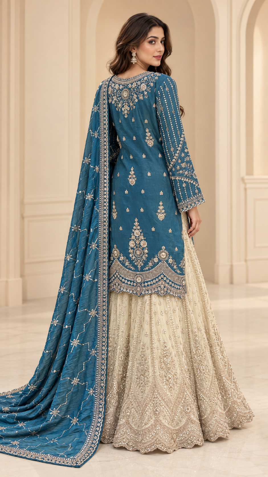 Teal and ivory Straight Shirt Sharara