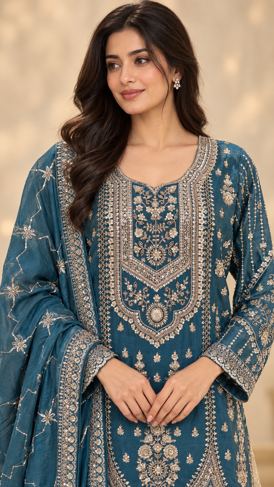 Teal and ivory Straight Shirt Sharara