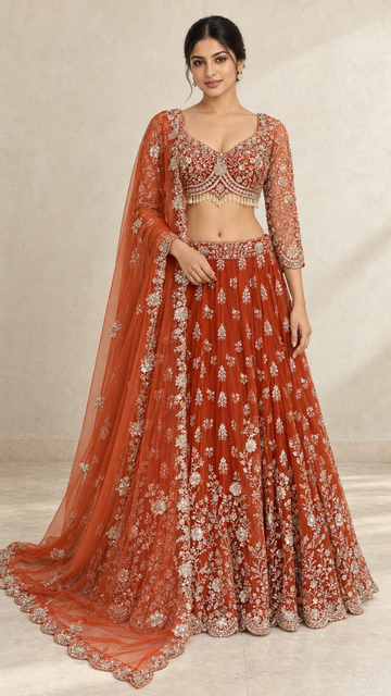 Rust orange crop top  lehenga