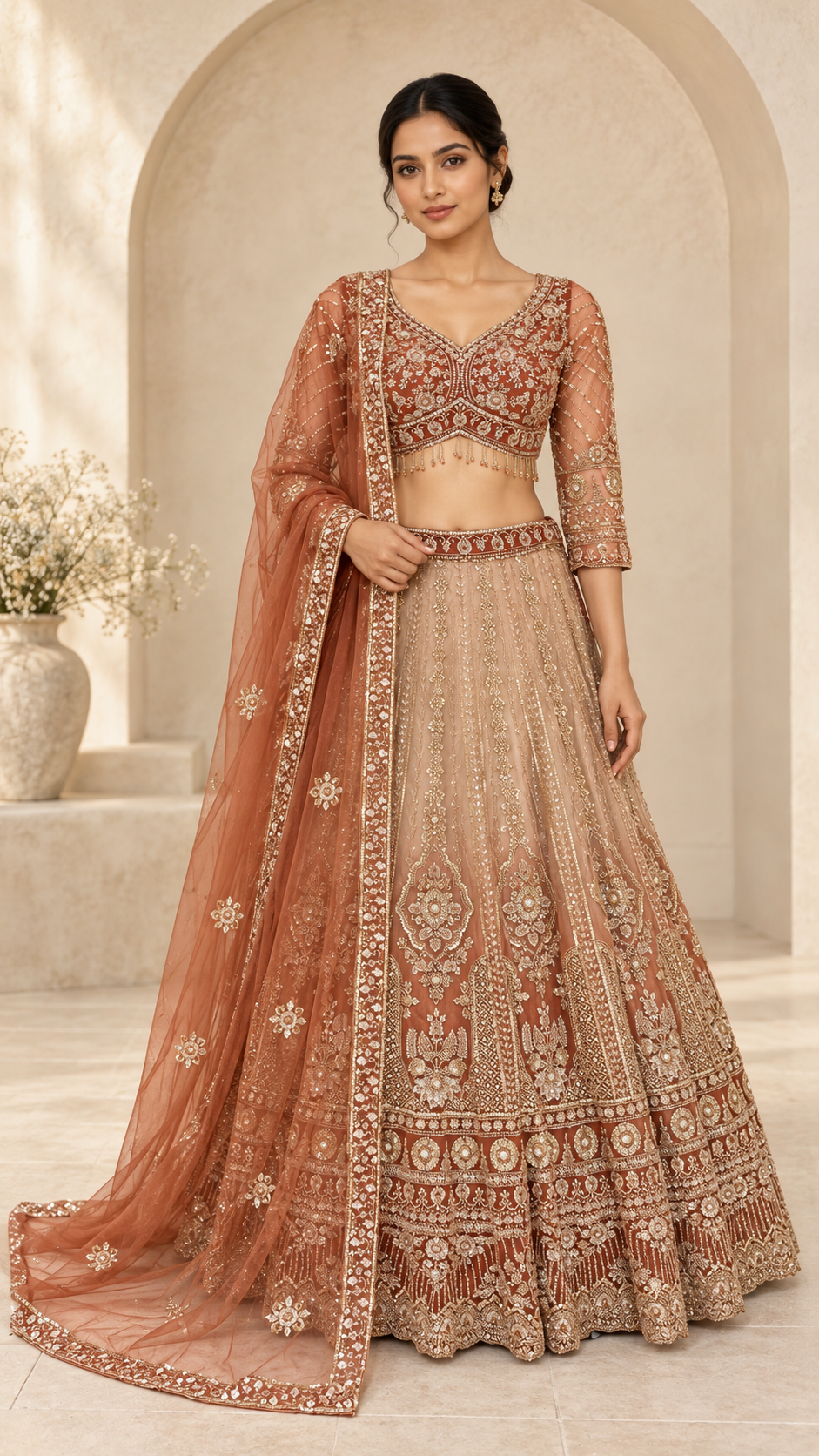 Copper Peach Crop Top Lehenga