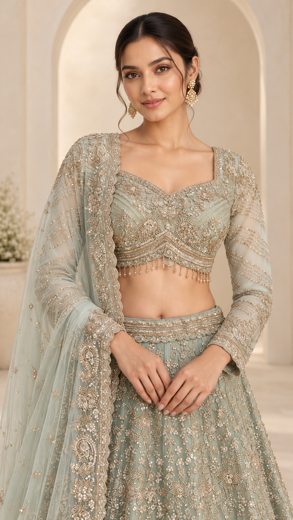 Soft Sage Green Crop Top Lehenga