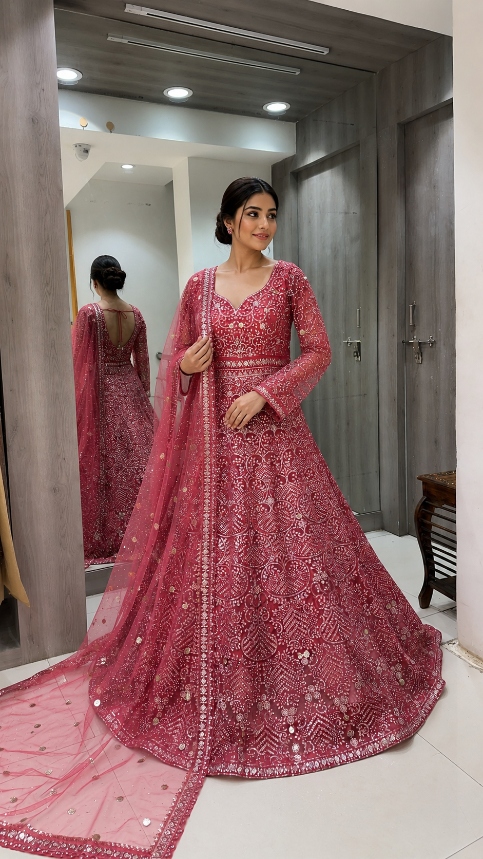 Rose-Pink Embroidered Bridal Gown