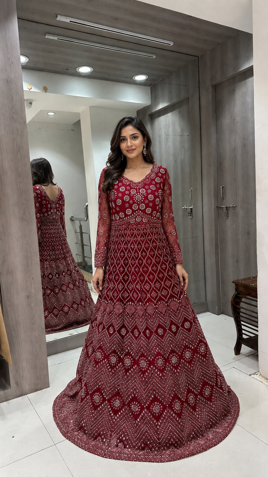 Maroon Embroidered Bridal Gown