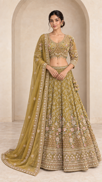 Olive Gold Floral Crop Top Lehenga