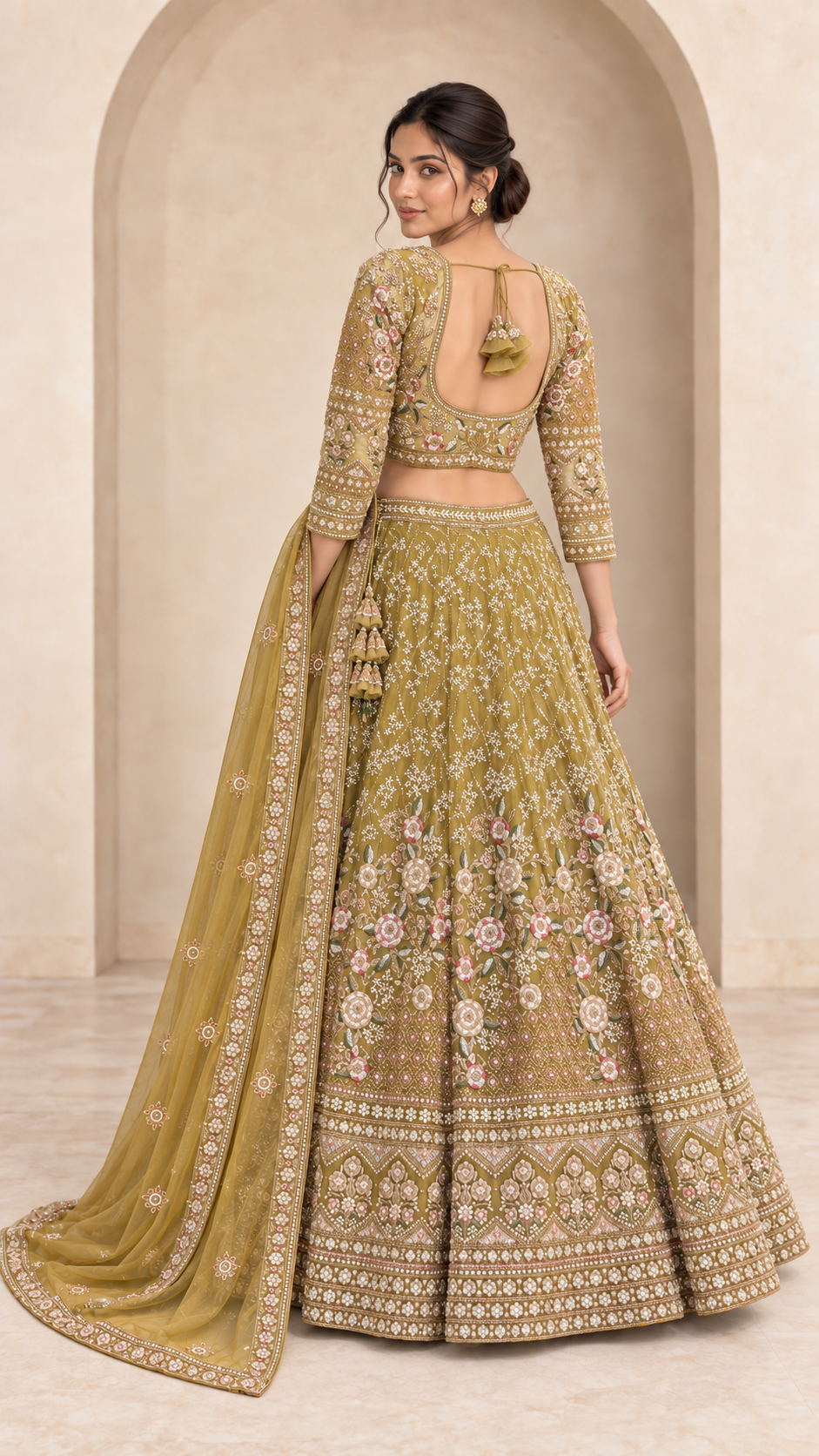 Olive Gold Floral Crop Top Lehenga