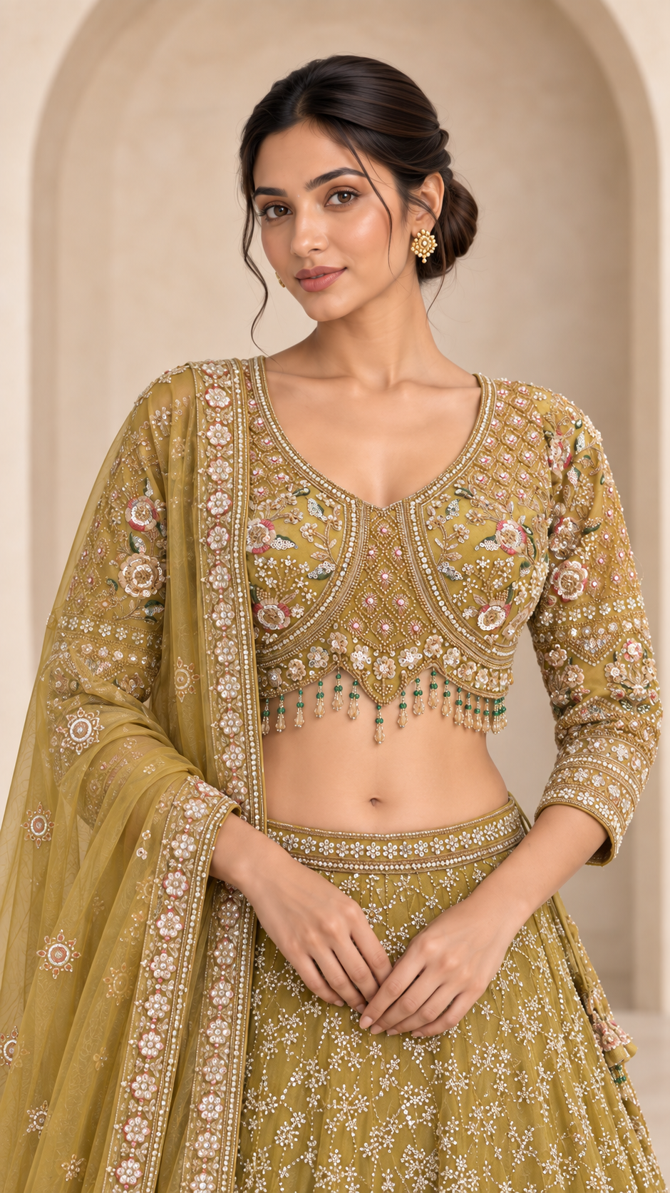 Olive Gold Floral Crop Top Lehenga