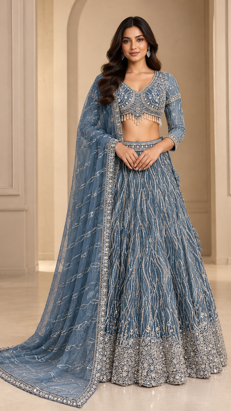 Steel-Blue Crop Top Lehenga