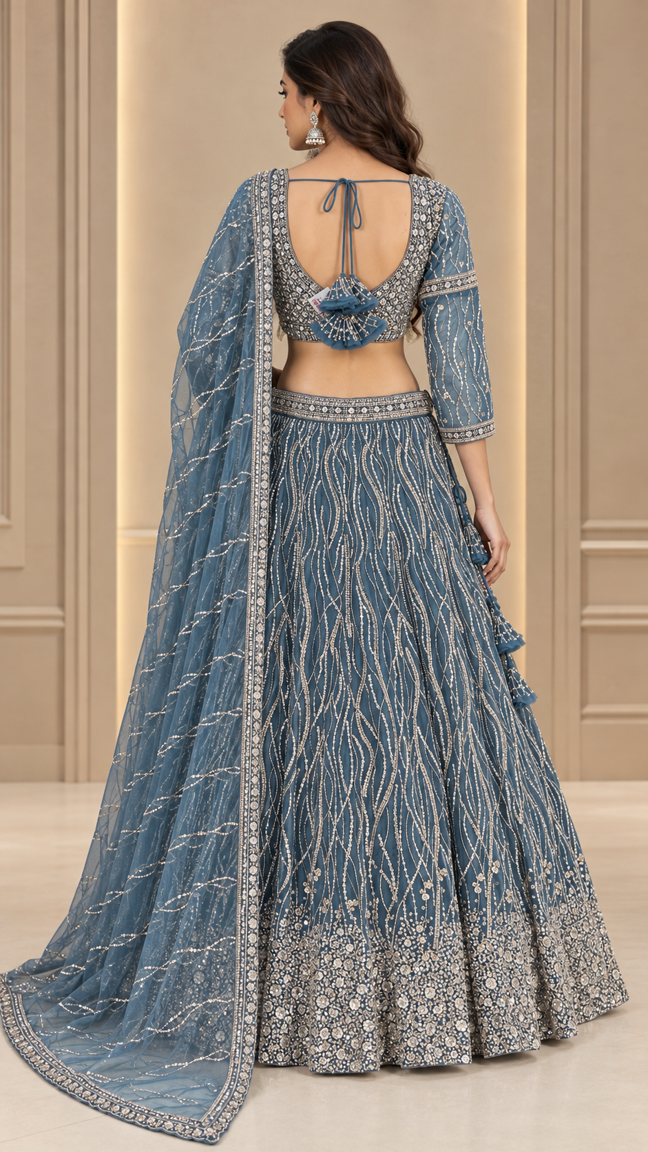 Steel-Blue Crop Top Lehenga