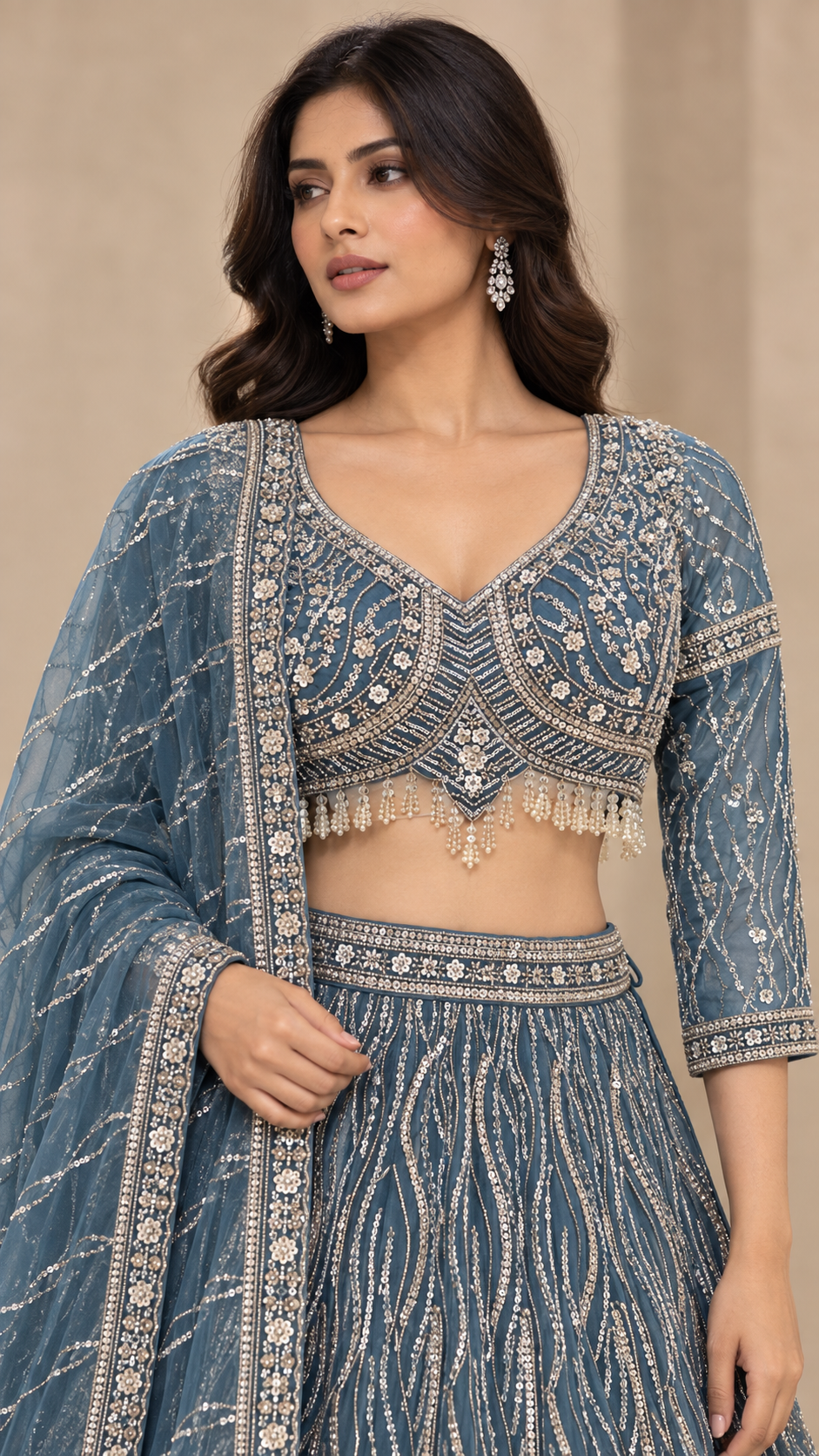 Steel-Blue Crop Top Lehenga