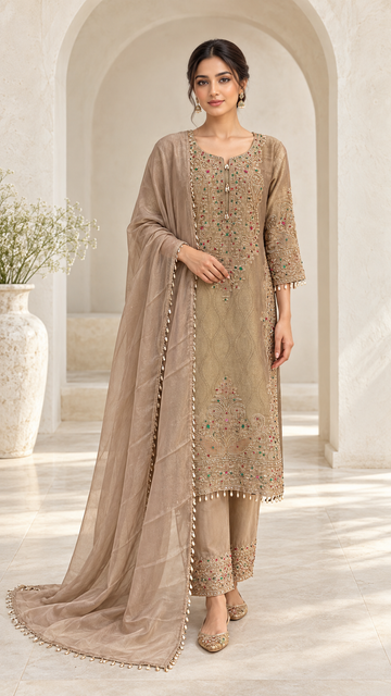 Taupe Gold Jacquard Suit