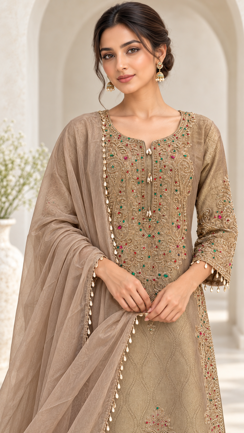 Taupe Gold Jacquard Suit