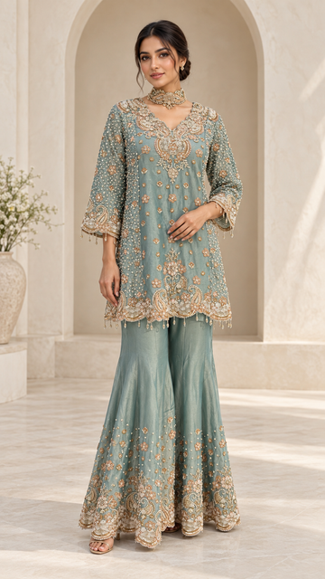 Sage-Blue Indo western