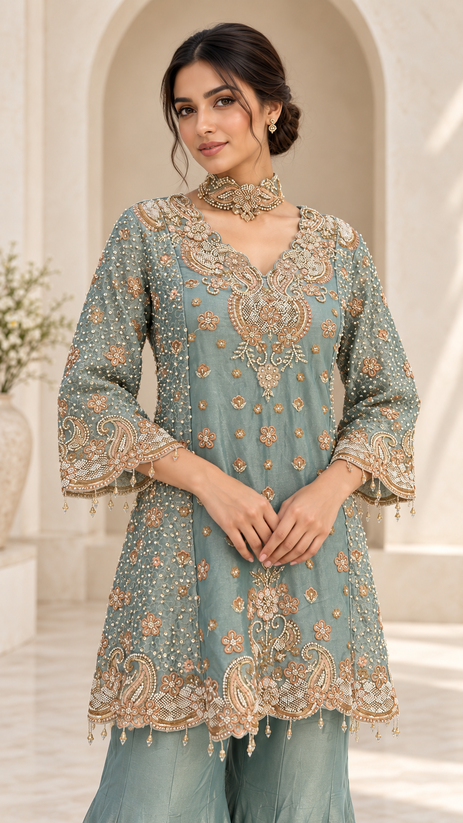 Sage-Blue Indo western