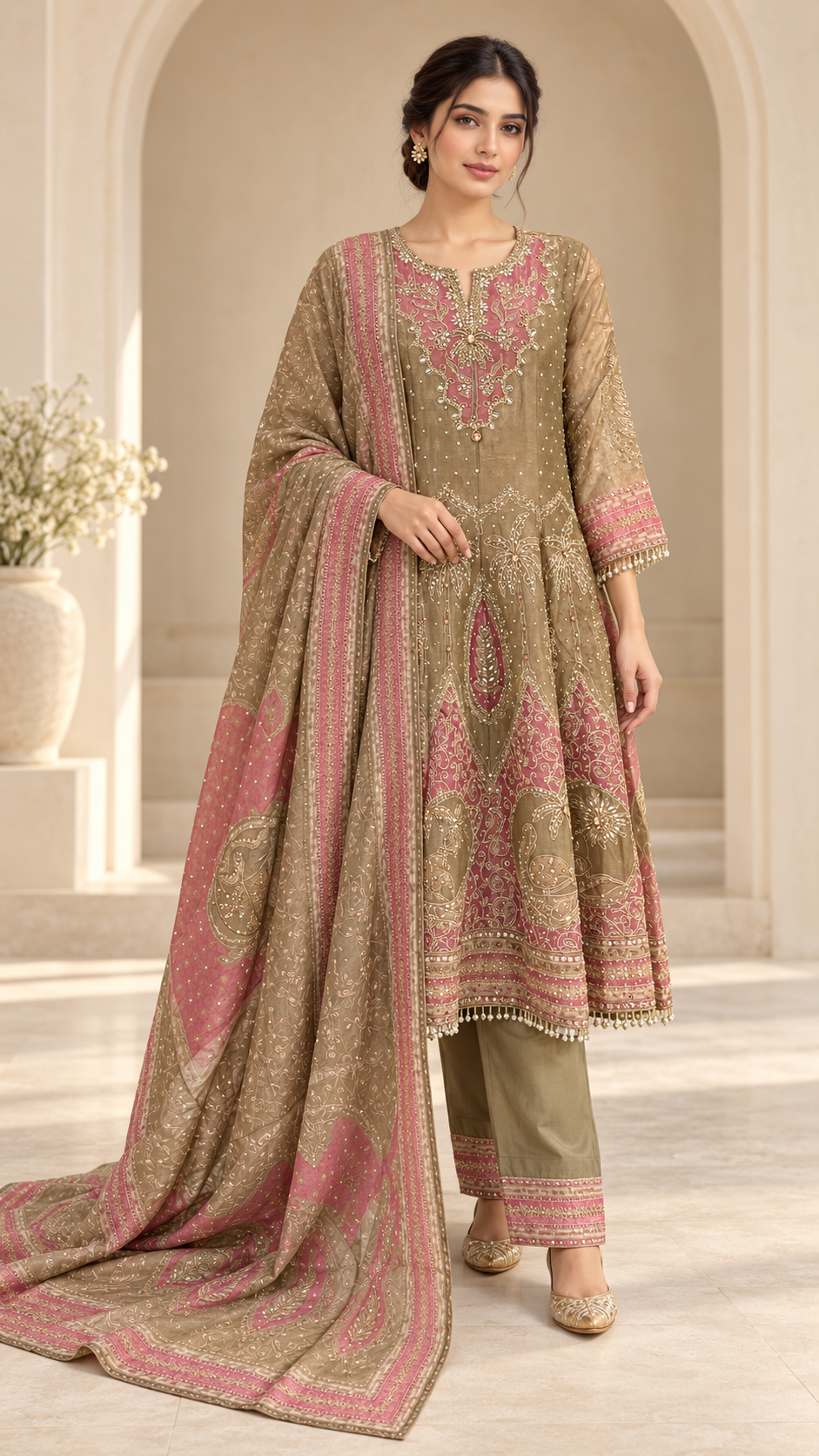 Olive Taupe Anarkali Frock