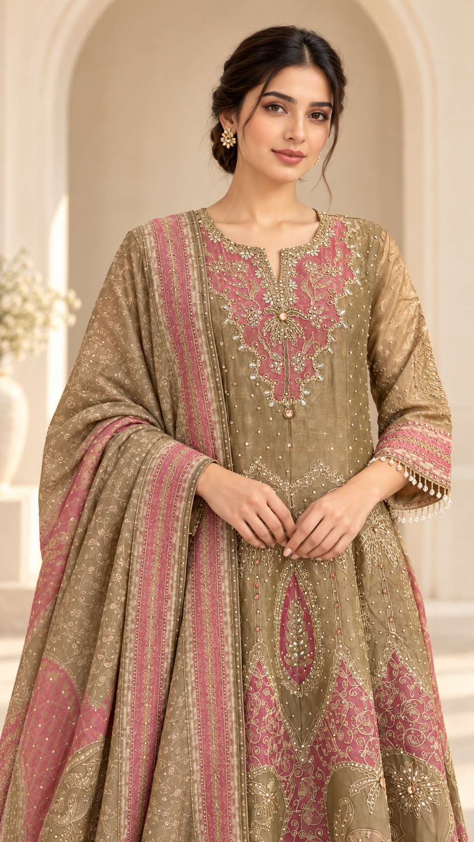 Olive Taupe Anarkali Frock