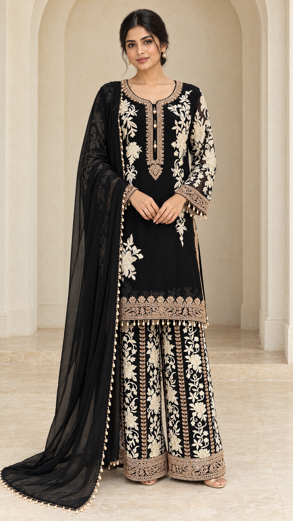 Jet Black with Ivory Floral Palazzo