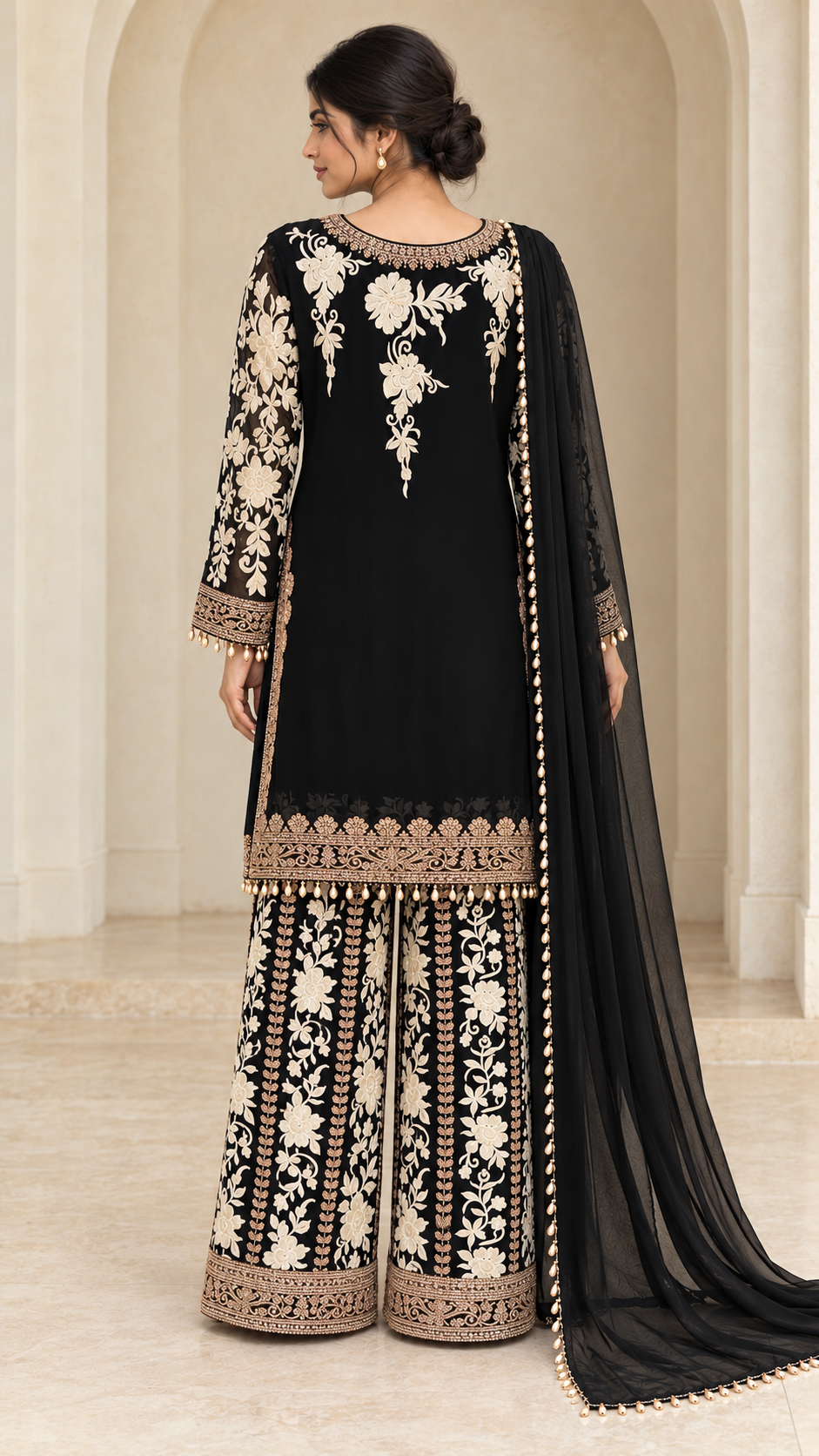 Jet Black with Ivory Floral Palazzo