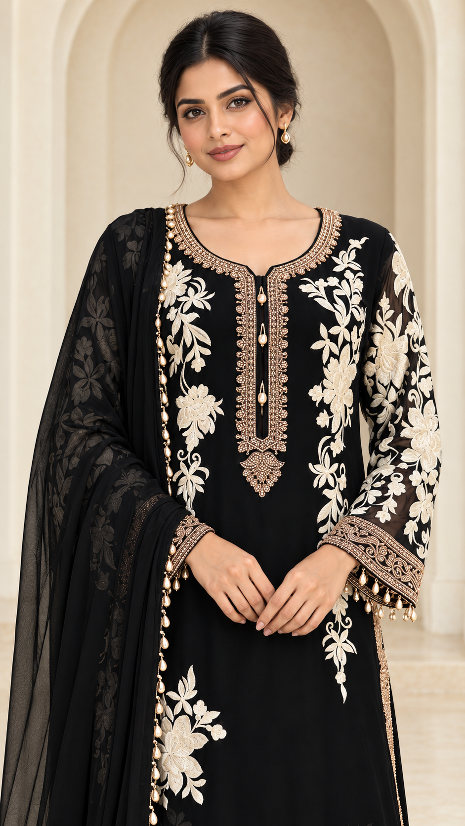 Jet Black with Ivory Floral Palazzo