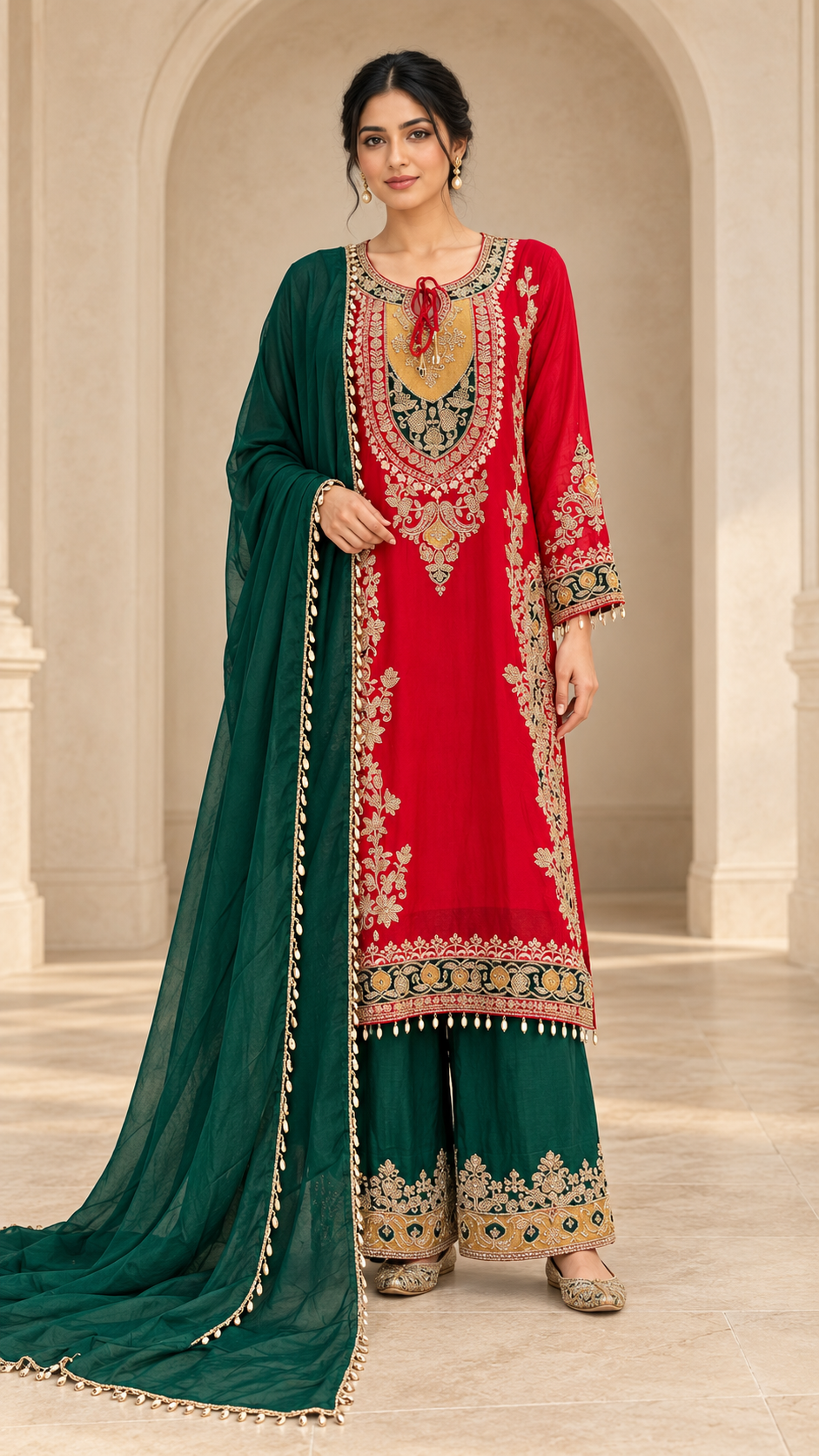 Crimson Red Kurta Green Palazzo