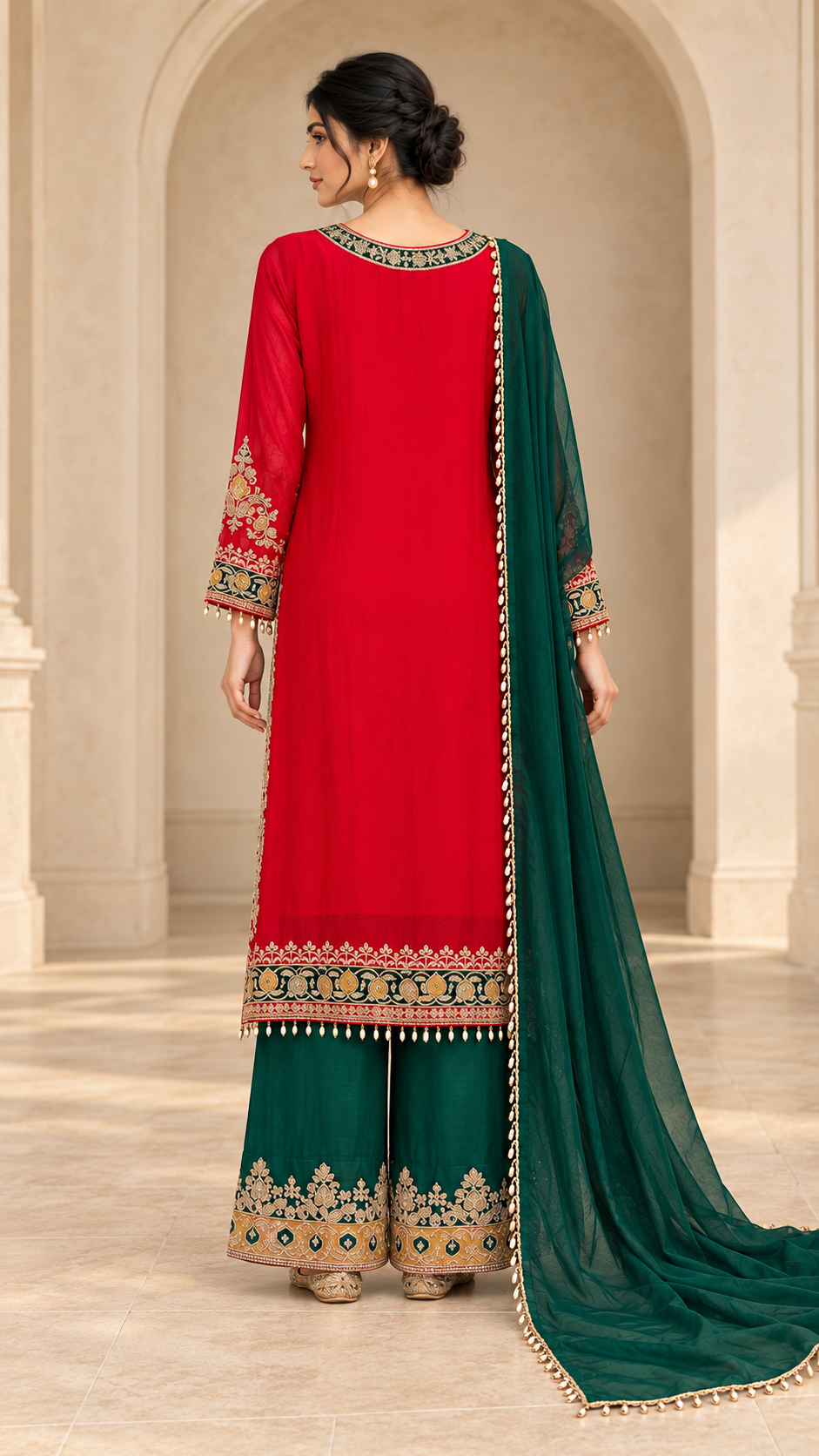 Crimson Red Kurta Green Palazzo