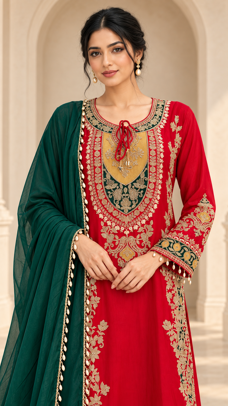 Crimson Red Kurta Green Palazzo