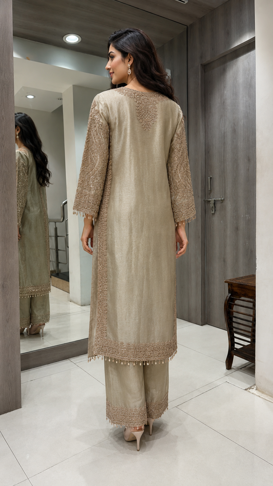 Champagne-Beige Embroidered Suit