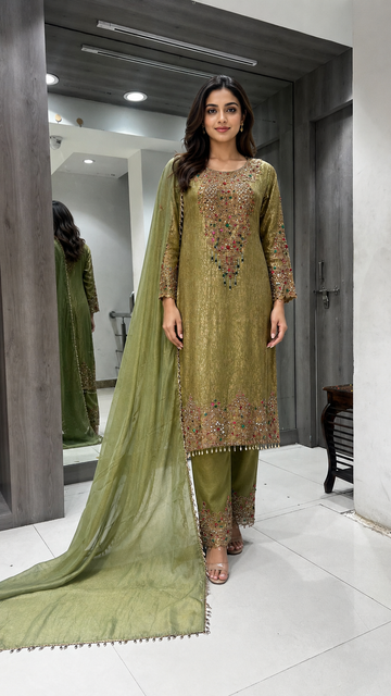 Olive-Green Embellished Suit