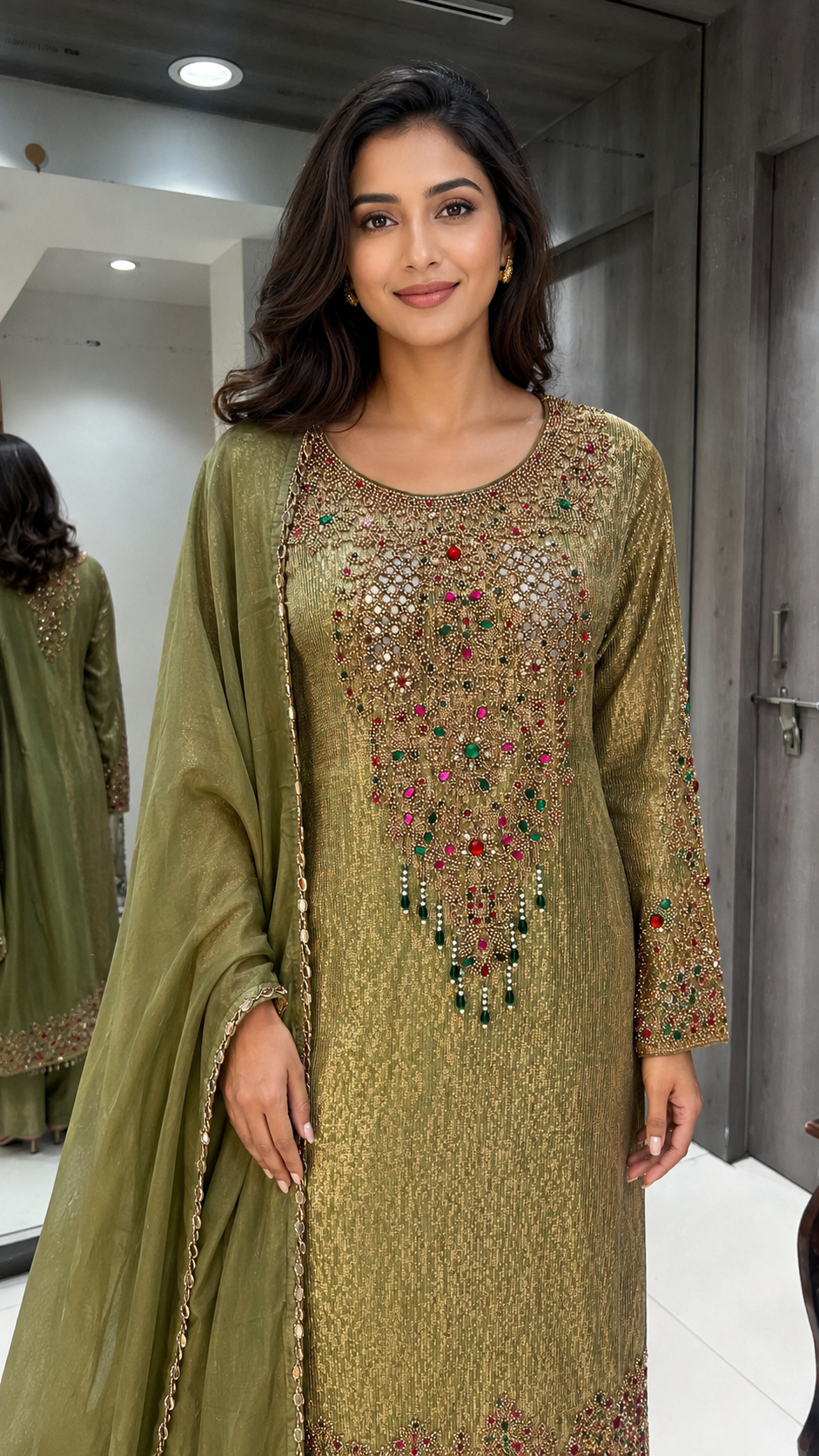 Olive-Green Embellished Suit