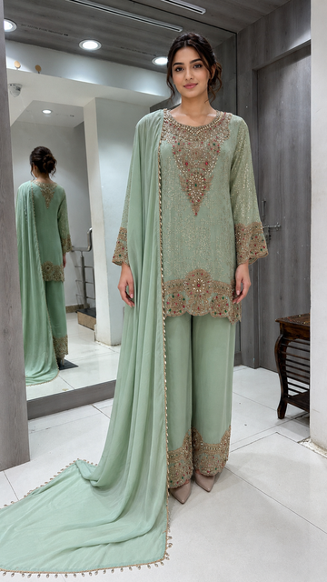 Olive-Gold Embellished Suit