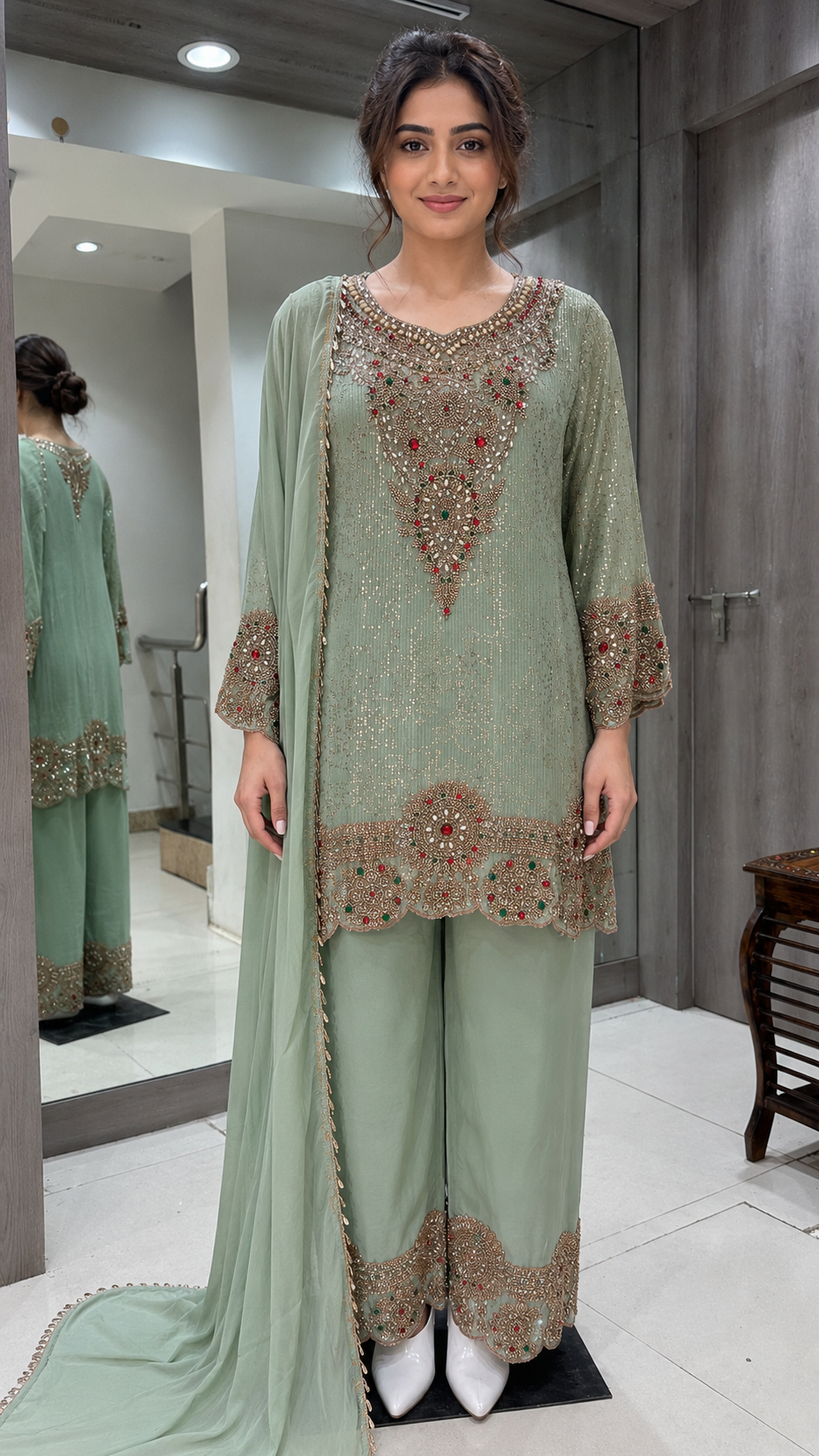 Olive-Gold Embellished Suit