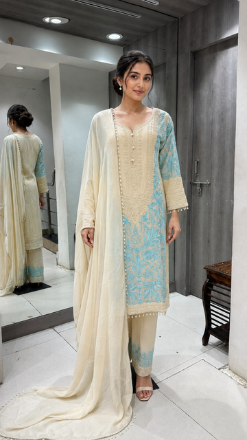 Cream And Aqua Embroidered Suit