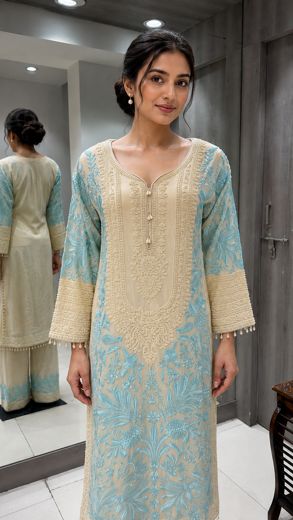 Cream And Aqua Embroidered Suit