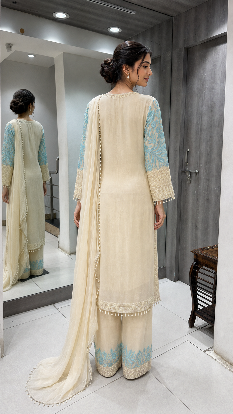 Cream And Aqua Embroidered Suit