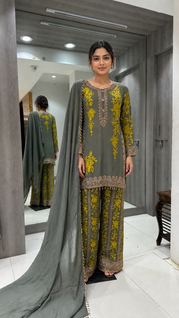 Olive-Grey Embroidered Suit