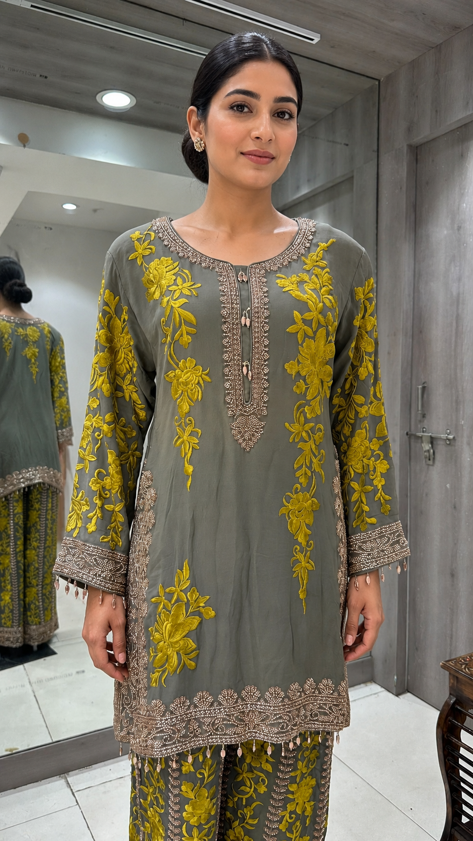 Olive-Grey Embroidered Suit