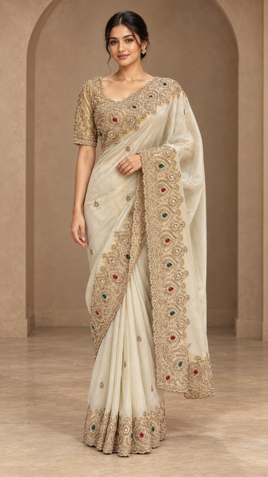 Champagne-Gold Ready Made Blouse Saree