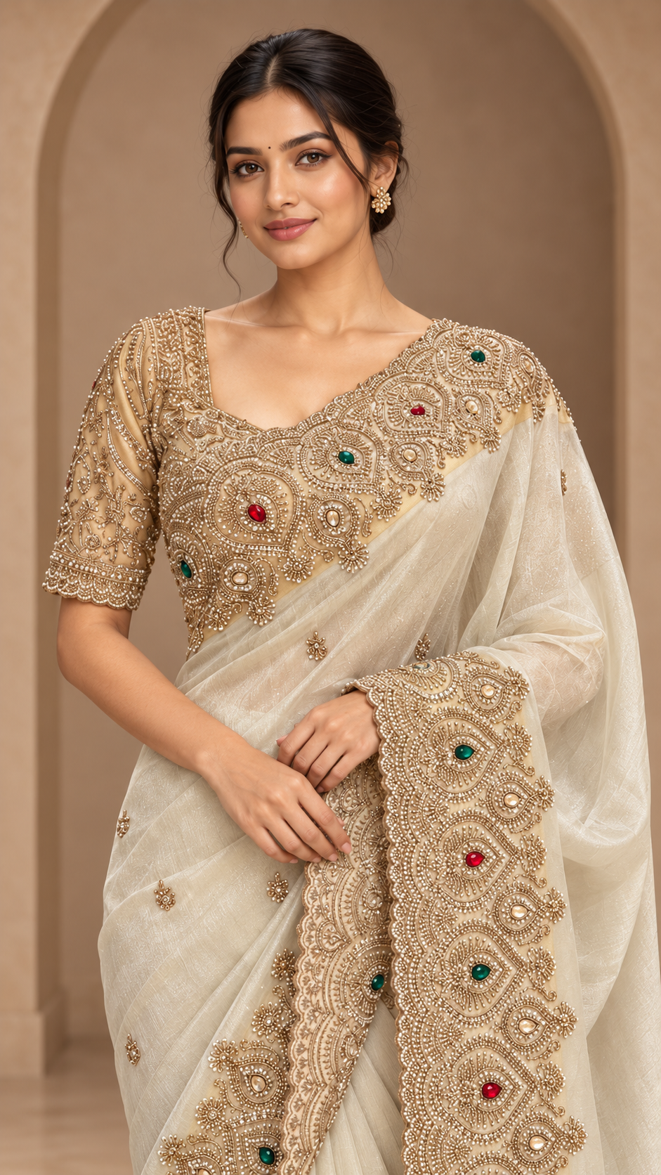 Champagne-Gold Ready Made Blouse Saree