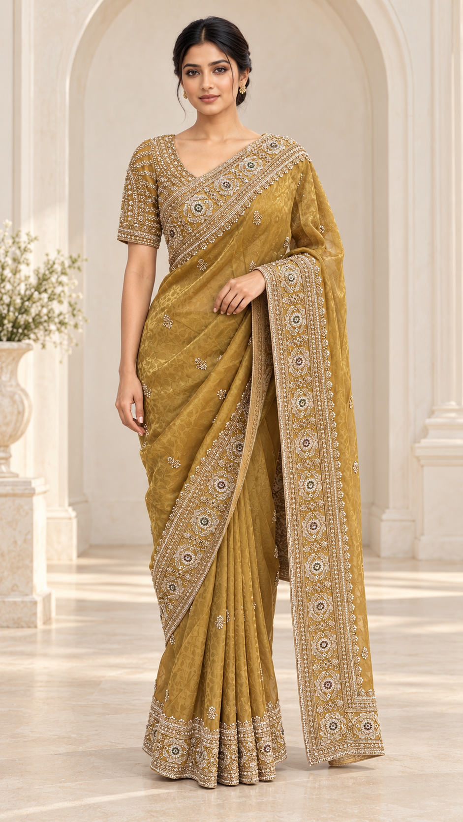 mustard Gold Ready Made Blouse Saree