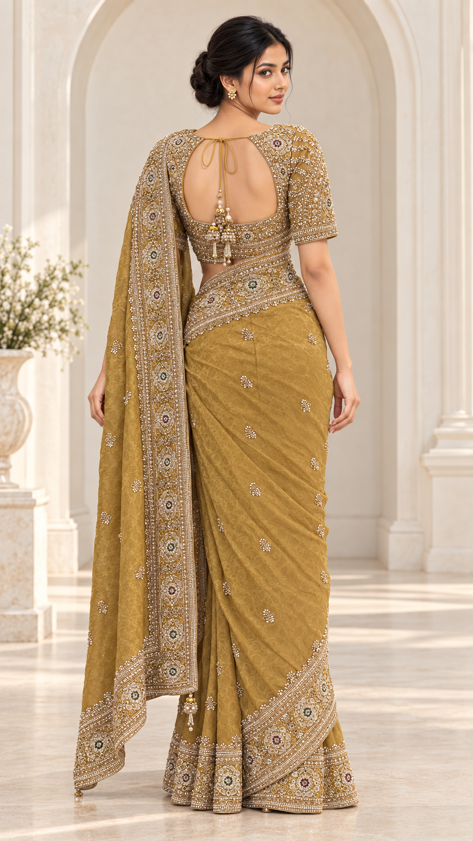 mustard Gold Ready Made Blouse Saree