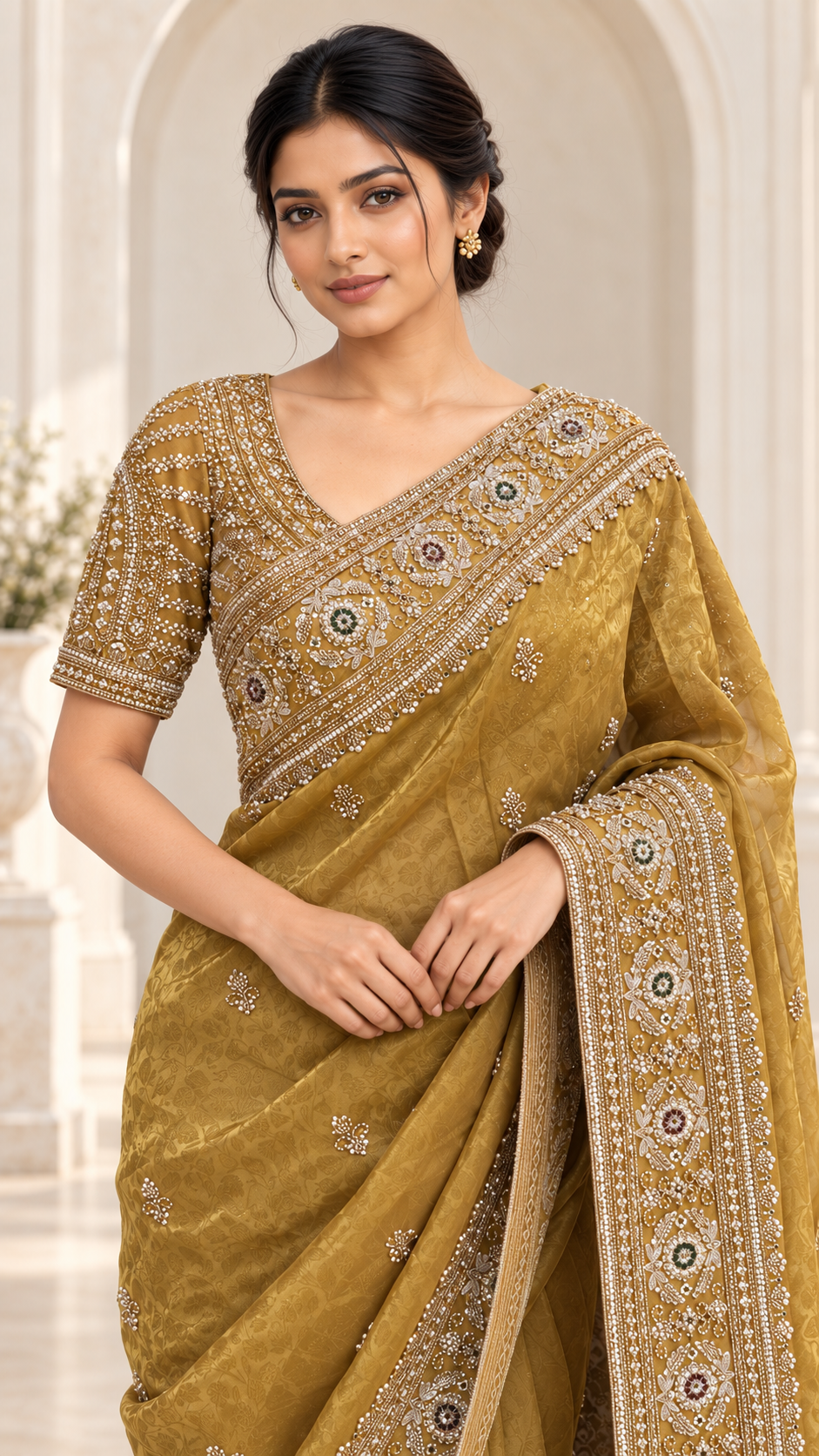 mustard Gold Ready Made Blouse Saree