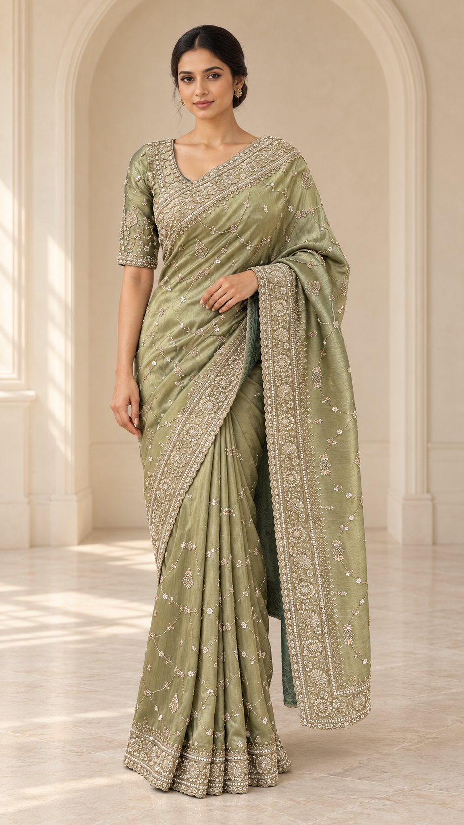 Olive Green Ready Made Blouse Saree