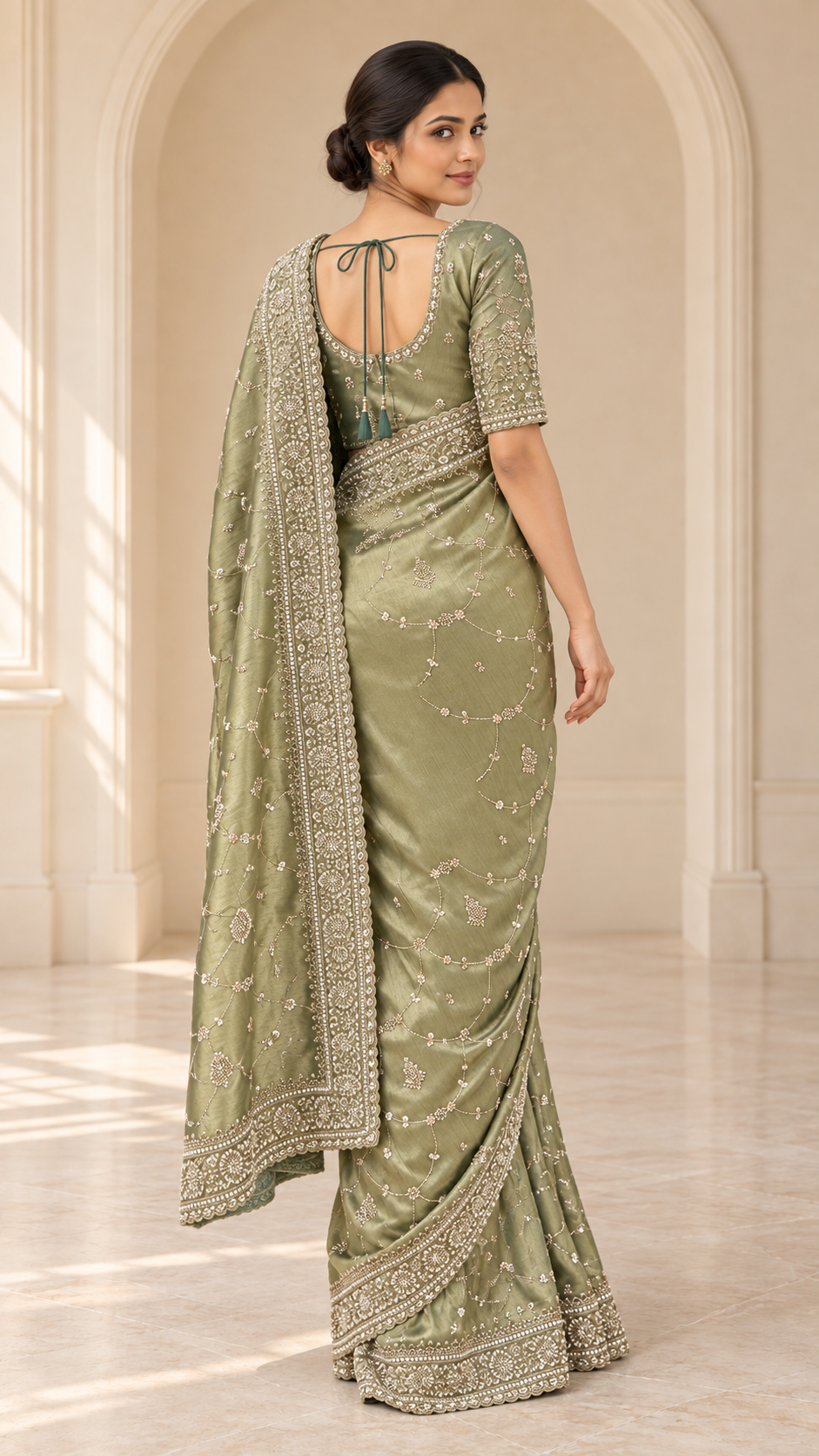 Olive Green Ready Made Blouse Saree
